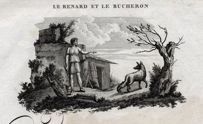 Reven og tremannen. Fabel om Esope. (Gresk forfatter Esopo eller Ecopus, 6. århundre f.Kr.) Skrevet av Guillaume Montfort og Gravees av Beauble i 1801. av French School