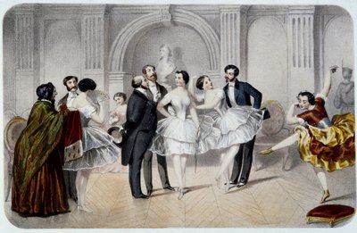 Foajeen til Operaen (Opera Garnier i Paris). En tutu-danser som prater med herrer som kom for å hilse på dem eller tok noen skritt for å danse. Gravering av French School
