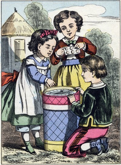 Spillet med makroner. Gravering fra bildealbumet "The games of childhood". Bilder av Epinal, sent på 1800-tallet. 32 sider. Mål: 20x14cm av French School