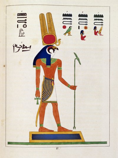Guden Mandou, illustrasjon fra Pantheon egyptien: samling av mytologiske karakterer fra det gamle Egypt av Jean-Francois Champollion, utgitt ca. 1986 av French School
