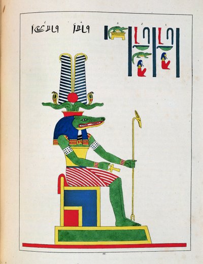 Guden Sovk, illustrasjon fra Egyptian Pantheon: samling av mytologiske karakterer fra det gamle Egypt av Jean-Francois Champollion, utgitt ca. 1986 av French School