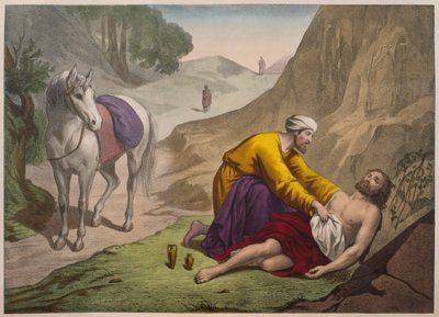 Den barmhjertige samaritan, illustrasjon fra en katekisme LHistoire Sainte, utgitt av Charles Delagrave, Paris, sent på 1800-tallet av French School
