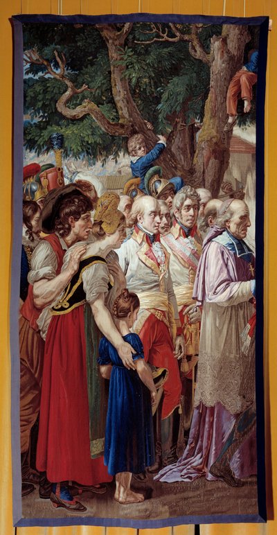 Overlevering av nøklene til Wien til Napoleon I (1769-1821) Keiseren returnerte til den østerrikske hovedstadens øde av Francois II av Habsburg 14.11.1805. Tapet laget av Gobelins verksted. 1815. Søn 3,35x1,72 m Malmaison, musee du chateau av French School