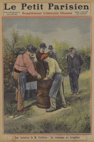Høytiden til Frankrikes president Fallieres: druehøsten hjemme i landsbyen Loupillon (farge litho) av French School