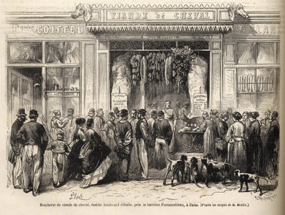 Hesteslakterbutikken ved barriere de Fontainebleau (Paris) åpnet i 1866 - butcherie chevaline - Boucherie Meat de Cheval Boulevard Italia nær barriere de Fontainebleau 1866) Gravering i "Le monde illustrious" fra 1866 av French School