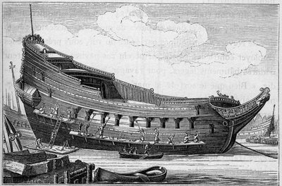 Skroget til et stort skip på 1600-tallet. Gravering i «La Marine et les colonies: handel» av French School