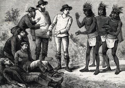 Innbyggerne i Peru hjelper koloniale europeere som lider av malaria med Cinchona (gravering) 1888 av French School