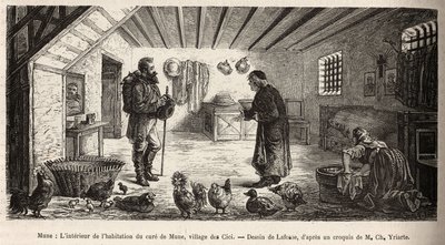 Interiøret i huset til kuren til Mune, landsbyen Les Cici, som er vert for fortelleren i hovedrommet, hvor en kvinne vasker på knærne, ved siden av fjærfeet som bor der i full frihet, gravering etter en tegning av Lafosse illustrerer av French School