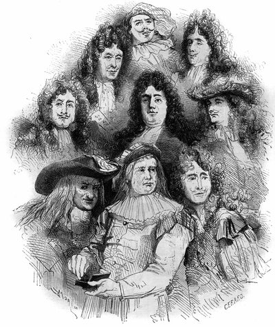 Tolkene til Moliere ved Comedie Francaise i 1862-1863. Fra bunn til topp: Provost (Arnolphe), Joseph Samson (1893-1871) (Sganarelle), Geffroy (Clitandre), Bressant (Don Juan), Edmond Got (1822-1901) (Trissolin), Louis Delaunay (1826-1903) (Hor av French School