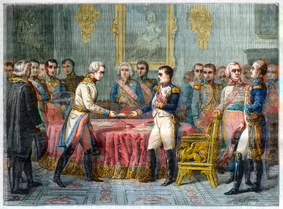 The interview of Erfurt, 27 September - 14 October 1808 - Napoleon I receiving Baron Vincent, Austrian diplomat and envoy of the Emperor of Austria to the right Alexander I of Russia (1777-1825) - Assembly of Princes in Erfurt on 27 September 1808 (Napoleo av French School