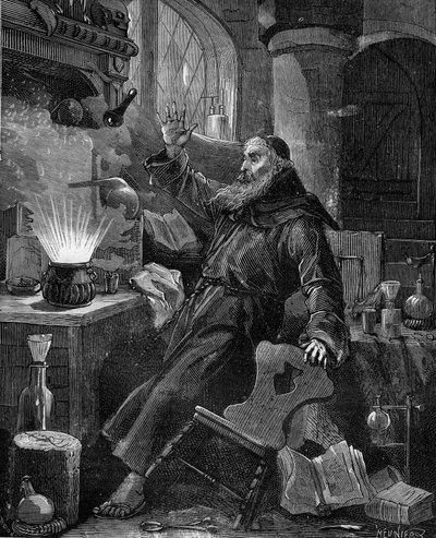 The invention of powder by Berthold Schwarz in the 14th century. av French School