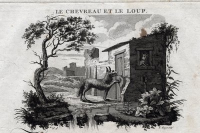The kid and the wolf. Fable of Esope. (Greek writer Esopo or Ecopus, 6th century BC) Written by Guillaume Montfort and Gravees by Beauble in 1801. av French School