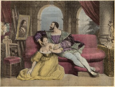 The king of France Francois I (1494-1547) and the beautiful ironwork. Lithograph of Daveria from 1838 in “” Laughs Et Galanterie””. Weekly Collection of Galantes Images on the direction of John Grand-Carteret. 1903-1904. av French School