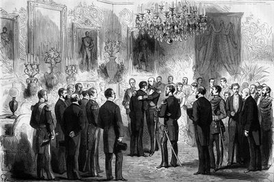 The king of Sweden Oscar II (1829-1907) received explorers Nils Adolf Erik (Eric) Baron Nordenskjold (Nordenskiold) (1832-1901) and Lieutenant Palander at the Royal Palace in Stockholm. In 1878 Nordenskjold passed from the Atlantic Ocean to the Pacific Oce av French School