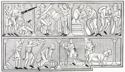 Arbeidet med krig, vitenskap, handel og jordbruk, etter en miniatyr i en psalter fra 1200-tallet, fra Les Arts au Moyen Age, utgitt 1873 av French School