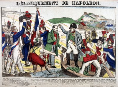 Landingen i Juan-bukten: Napoleon I returnerte til Frankrike 1. mars 1815 etter eksilperioden på øya Elba. Bilde av Epinal av French School