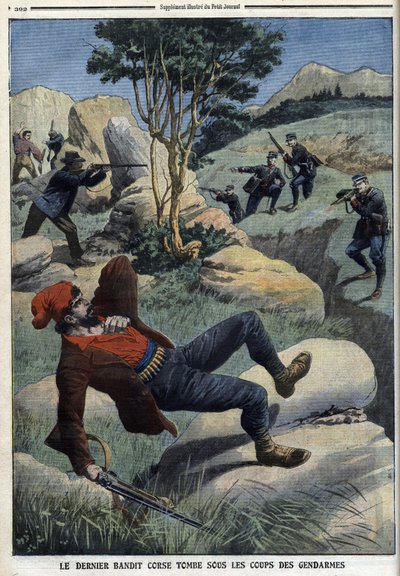 The last Corsican bandit falls under the blows of the gendarmes: ”Le Petit Journal” of 5 December 1909 (engraving) av French School