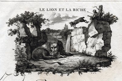 Løven og hjorten. Fabel om Esope. (Gresk forfatter Esopo eller Ecopus, 6. århundre f.Kr.) Skrevet av Guillaume Montfort og Gravees av Beauble i 1801. av French School