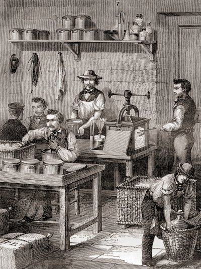 Produksjonen av våpenbomull på 1800-tallet, fra Les Merveilles de la Science, publisert ca. 1870 (gravering) av French School