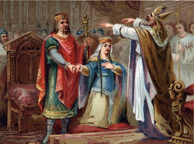 Ekteskapet til Clovis (481-511) Francenes konge med Clothilde i 493. Kromolitografi fra slutten av 1800-tallet. av French School