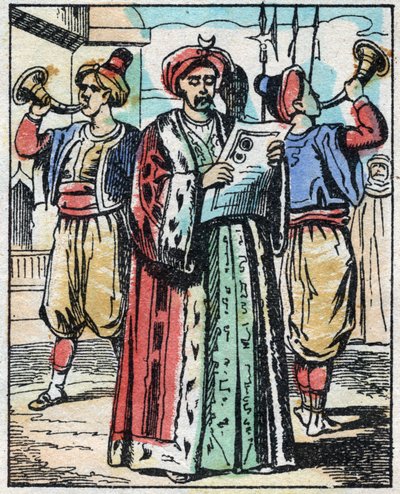 Ekteskapet til sultanens datter med sønnen til storvisiren kunngjøres av en offentlig leser. Gravering av historien om tusen og én natt "" Aladin og den fantastiske lampen"". Epinal avbildning, slutten av 1800-tallet. Privat samling. av French School