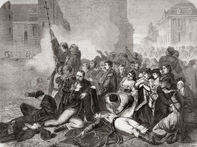Massakren av sivile på Slottsplassen, Warszawa, 8. april 1861 av russisk infanteri og kavaleri, fra "L"Univers Illustré", 1866 av French School