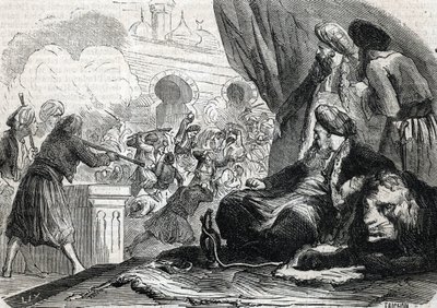 "Massakren av janitsjarenes hær i 1826 av Sultan Mahmoud II, Konstantinopel" (gravering) 1864 av French School