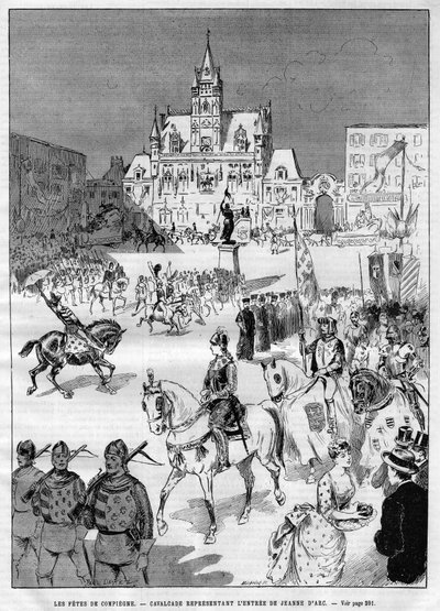 The medieval feasts of Compiegne in 1886: cavalcade representing the entrance of Joan of Arc (1412-1431). Engraving in “” Le Monde Illustré”” av French School