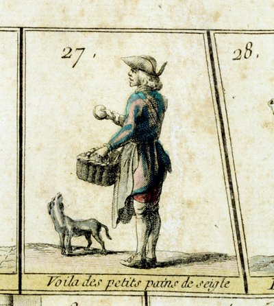 Rugrullkjøperen Detalj av et gåsespill fra ropene og gamle Paris-metierer. Privat samling fra 1700-tallet av French School