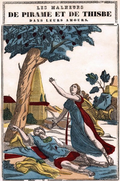 The misfortunes of Pyramus (Pirame) and Thisbe in their love, told by Ovid in “The metamorphoses””. Picture of Epinal av French School