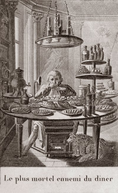 The most deadly enemy of dinner - engraving in “” Almanach of gourmets, serving as a guide in ways to make excellent dear. By an old amateur”” by Alexandre Balthazar Laurent Grimod de la Reyniere - 1804-1812 av French School