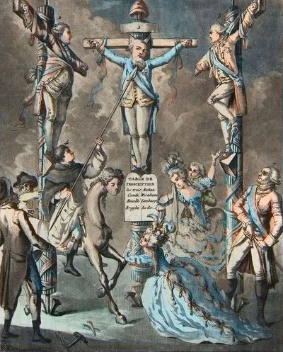 Den nye golgata, Louis XVI satt på korset ved opprør - 2. og 3. Monsieur (Louis Stanislas Xavier, greve av Provence (1755-1824), Louis XVIII) og greven av Artois (Charles Philippe (1757-1836) Charles X), brødre til kongen, støttet av dekretene o av French School