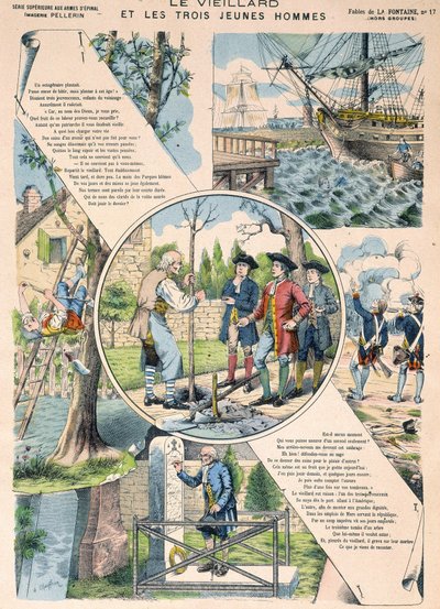 Den gamle mannen og de tre unge mennene - Fables de La Fontaine i bilder av Epinal av French School
