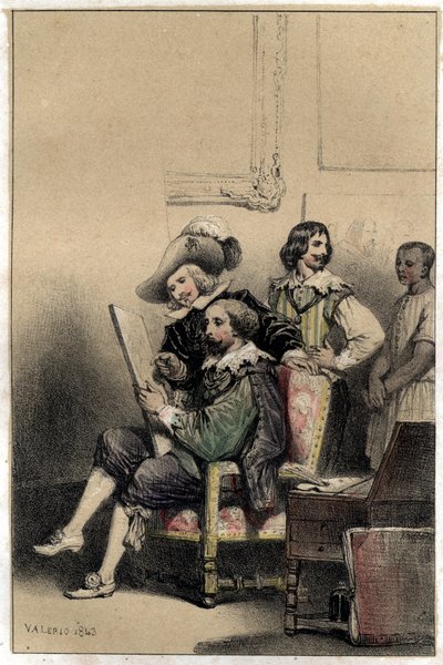Maleren Diego Velasquez (1599-1660) ønsker velkommen i sitt atelier Pierre Paul (Pierre-Paul) Rubens (eller Peter Paul eller Petrus Paulus) (1577-1640). Plate hentet fra "" Scenes de la vie des hommes famous""" gravering i to nyanser av Valerio. 1843. av French School