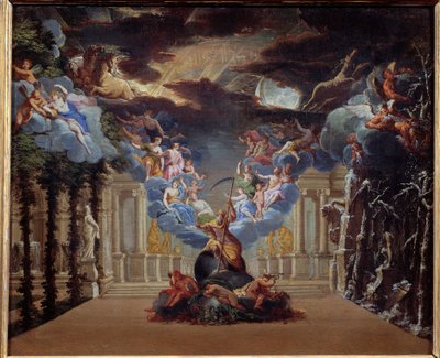 Tidens palass, dekor av prologen til "Atys" av Jean Baptiste Lully (Giovanni Battista Lulli) (1632-1687) opprettet i 1676 Myhologiske figurer som Mercury, Hermes er representert. Anonymt maleri av den franske skolen på 1600-tallet. Paris av French School
