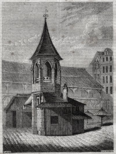 Hallenes søyle på 1700-tallet, bygget på den gamle kirkegården til de uskyldige - Gravering i "Paris fysiske, sivile og moralske historie: fra de tidligste historiske tider til i dag" av Jacques Antoine Dulaure av French School
