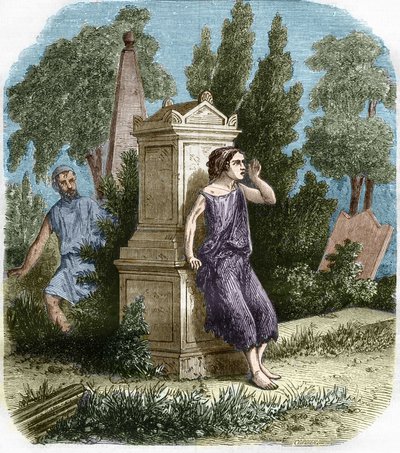 De prostituerte i Antiquite, Hellas: Hetaires gjorde åpenlyst sin lille metier. Engravurein "Historien om prostitusjon og utskeielser blant alle verdens folkeslag fra antikken til i dag" av Dr. Th. -F. Debray. 1879. av French School