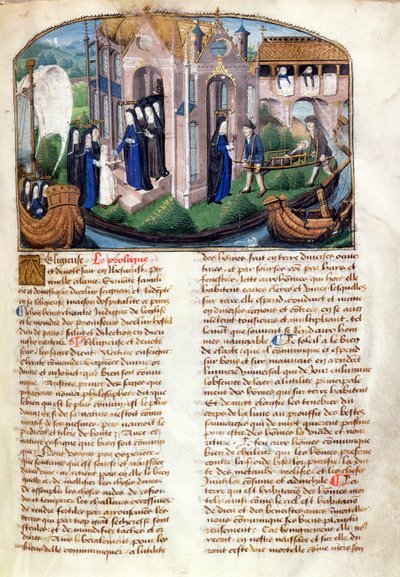 Mottakelse av en nybegynner og velkommen til en pasient, fra Le Livre de Vie Active de lHotel Dieu de Paris av Jean Henry, ca. 1482 (se også 236790) av French School