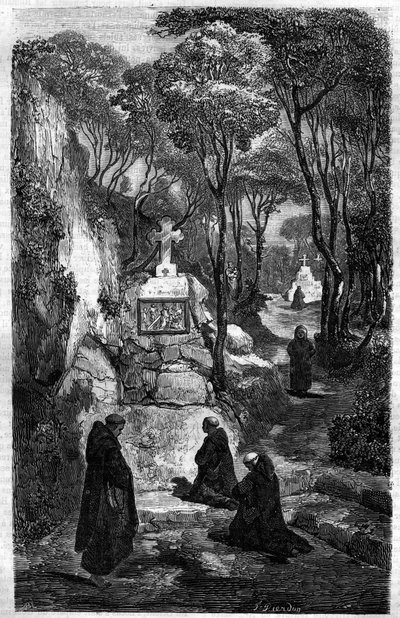 The religious of Saint Benoit (Saint Benoit) in prayer. Engraving in “Histoire des Papes-Rois-Queen and Empereurs a travers les centuries”” by Maurice Lachatre av French School