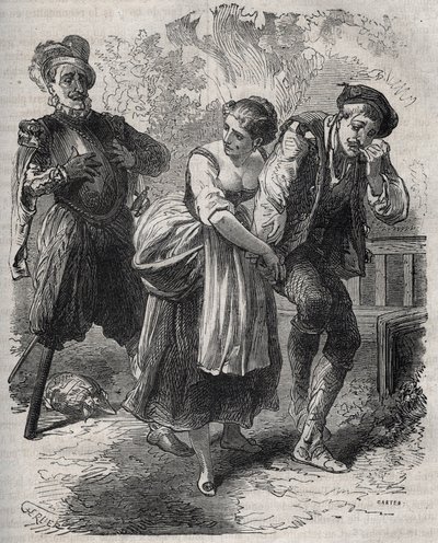 Martin Guerres tilbakekomst (cirka 1524 rundt 1560): han dukket opp foran sin kone, Bertrande de Rols, og den som hadde tilranet seg identiteten hans, bedrageren Arnaud du Tilh (Thil). Gravering fra 1871 i «Histoire Des Cocus Celebres»» av Henry de Kock (1 av French School