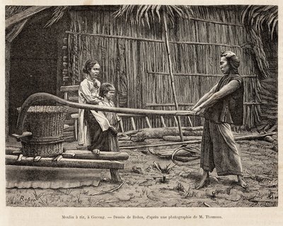 Rismøllen, foran en bondes hus i Gocong, gravering etter en tegning av Robin som illustrerer reisen til Cochinchine, av doktor Morice, i 1872, publisert i "" Le tour du monde""" 1875, redigert av Edouard Charton, Hachette-utgaven, Paris. Selva av French School