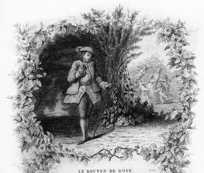 The rose button. A lonely and romantic young man in a garden at the bottom of which a young woman is surrounded by cupid. Engraving in “” Chants et chansons populaire de la France””, Tome 2 av French School