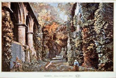 Ruinene av Abbey of Valmont, ca. 1900 (fargelitho etter et farget bilde) av French School