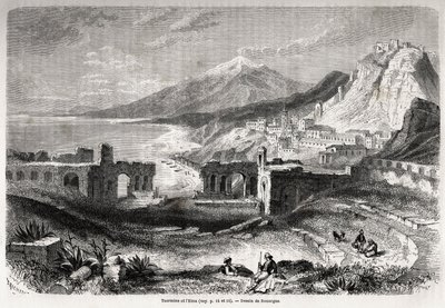 Ruinene av det gamle teateret i Taormina (Tauromenium), ved foten av Taurus-fjellet, med utsikt over den moderne landsbyen Giardini og Etna, tegning av Adolphe Rouargue (1810-187?) og Emile Rouargue (ca1795-1865) for å illustrere Felix Bourquelots reise av French School