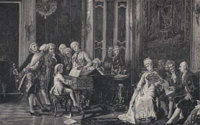 Den syv år gamle Wolfgang Amadeus Mozart spilte foran kong George III i London, 1764 av French School