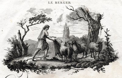 The shepherd. Fable of Esope. (Greek writer Esopo or Ecopus, 6th century BC) Written by Guillaume Montfort and Gravees by Beauble in 1801. av French School