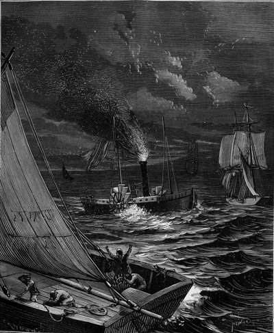 Skipet ble laget i 1807 av Robert Fulton (1765 - 1815) for ruten New York - Albany på Hudson River. av French School
