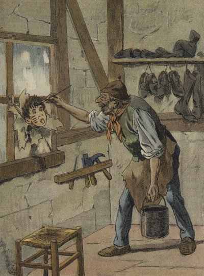 Skomakeren markerte timene på figuren av den lille Jeannot (fargelitografi) av French School