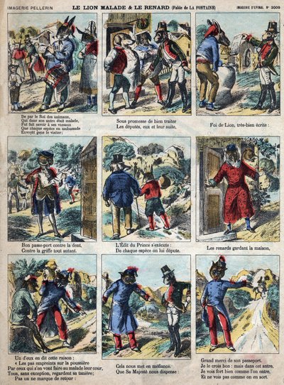 The sick lion and the fox. Fables by Jean de La Fontaine (1621-95). Epinal imaging from the end of the 19th century. av French School
