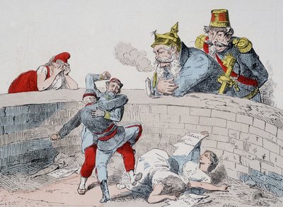 Situasjonen - Gauillaume: Vi må hjelpe gale mennesker, Badingue (Napoleon III): La dem gjøre min bror, det vil være på tide å gripe inn når de (pariserne) har slukt seg selv. Tegneserie om kommunen. av French School